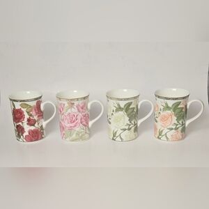 Vintage Rose Bone China Mug Set of 4 Floral Designs Gold Rim